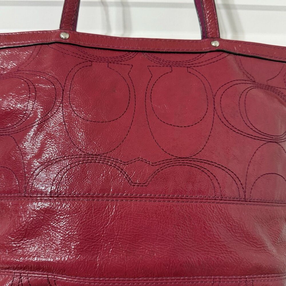 Coach Berry Pink Patent Leather Stitched C Signature Stripe Shoulder Bag. - Picture 9 of 16